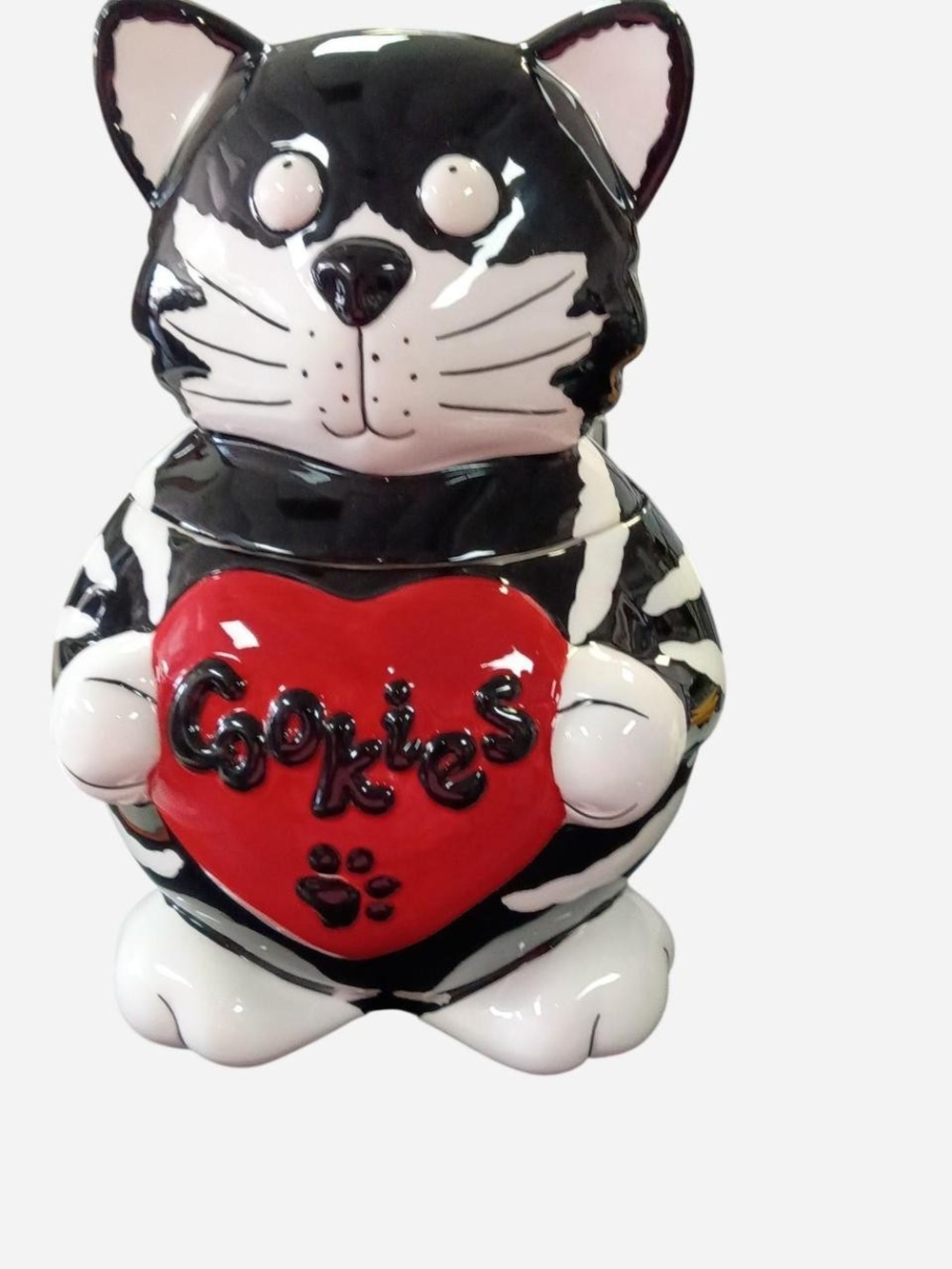 Black & White Cat Cookie Jar with Red Heart
